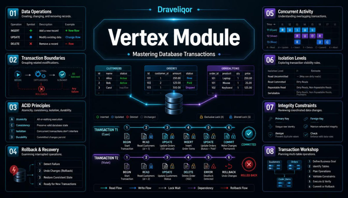 A dark-themed infographic poster titled 'Vertex Module' by Draveliqor, detailing various aspects of database transactions such as data operations, transaction boundaries, ACID principles, rollback and recovery, concurrent activity, isolation levels, integrity constraints, and a transaction workshop.