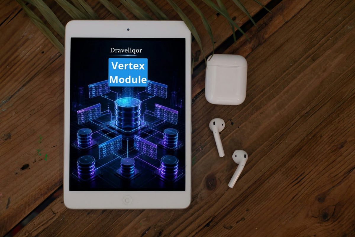 A tablet on a wooden surface displaying a digital app interface labeled 'Draveliqor Vertex Module,' with white earbuds and a white charging case placed beside it.
