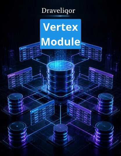 Digital graphic for the 'Draveliqor Vertex Module' featuring a central glowing blue database server surrounded by multiple connected data panels and cylinders on a dark, futuristic tech background.