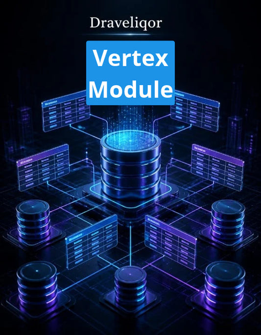 Digital graphic for the 'Draveliqor Vertex Module' featuring a central glowing blue database server surrounded by multiple connected data panels and cylinders on a dark, futuristic tech background.