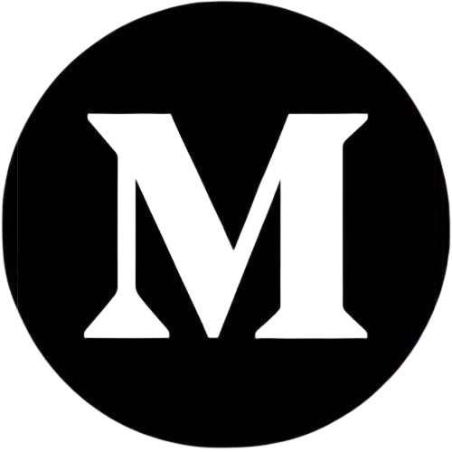 A bold white serif letter M centered inside a solid black circle on a white background.